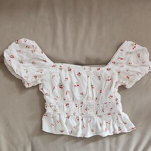 SO White Cherry Print Puff Sleeve Crop Top